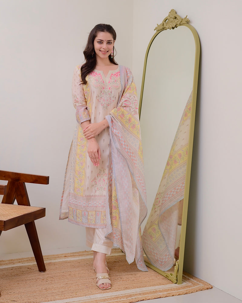 Ivory Yellow Handwork Linen Cotton Festive Suit