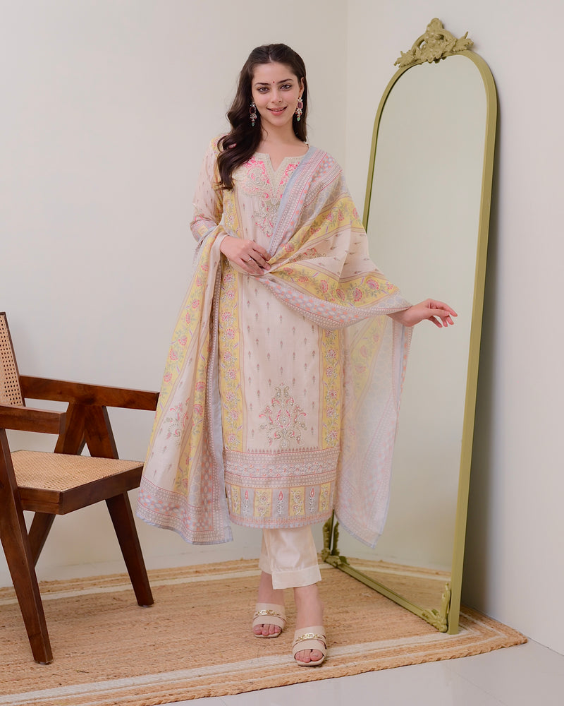 Ivory Yellow Handwork Linen Cotton Festive Suit