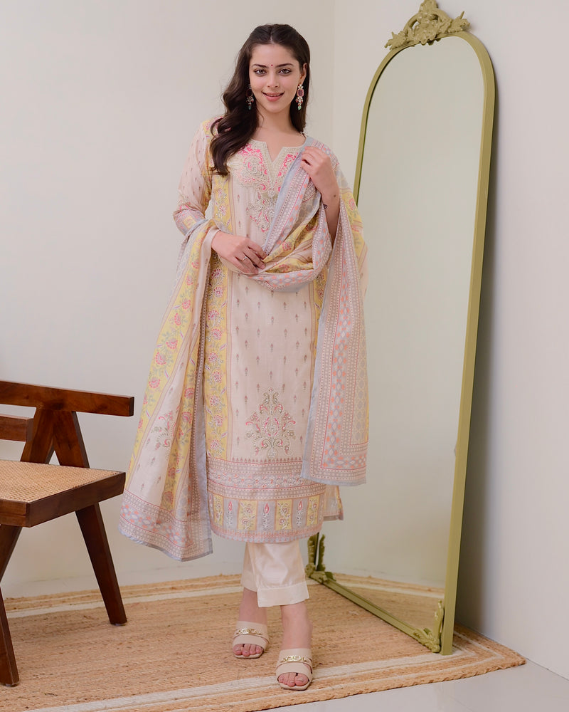 Ivory Yellow Handwork Linen Cotton Festive Suit