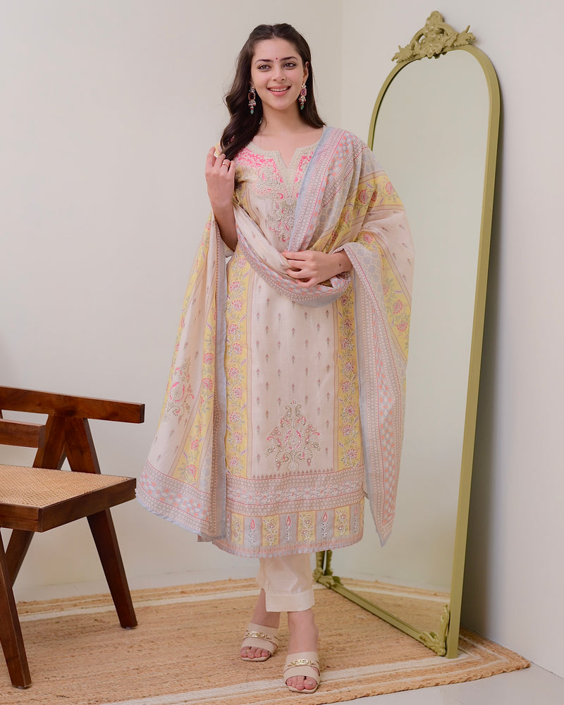 Ivory Yellow Handwork Linen Cotton Festive Suit