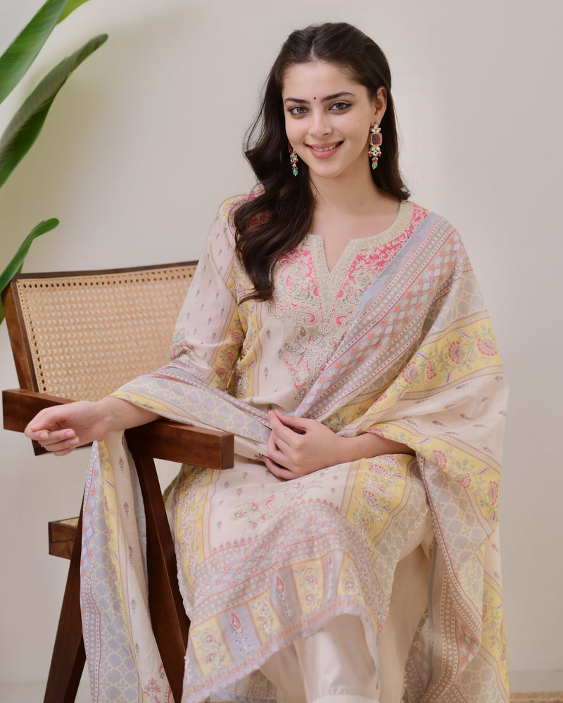 Ivory Yellow Handwork Linen Cotton Festive Suit