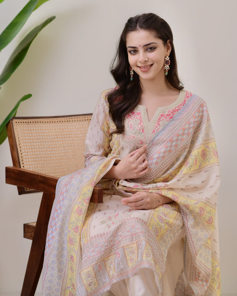 Ivory Yellow Handwork Linen Cotton Festive Suit