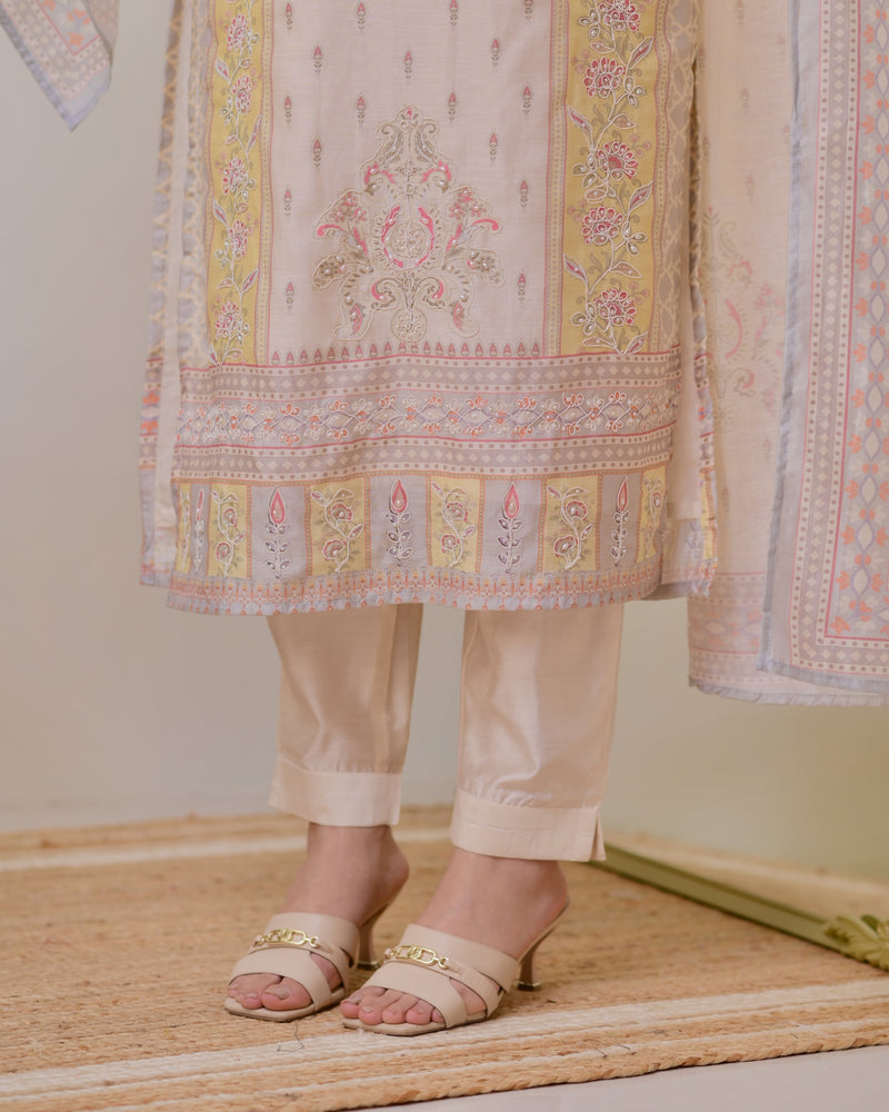 Ivory Yellow Handwork Linen Cotton Festive Suit