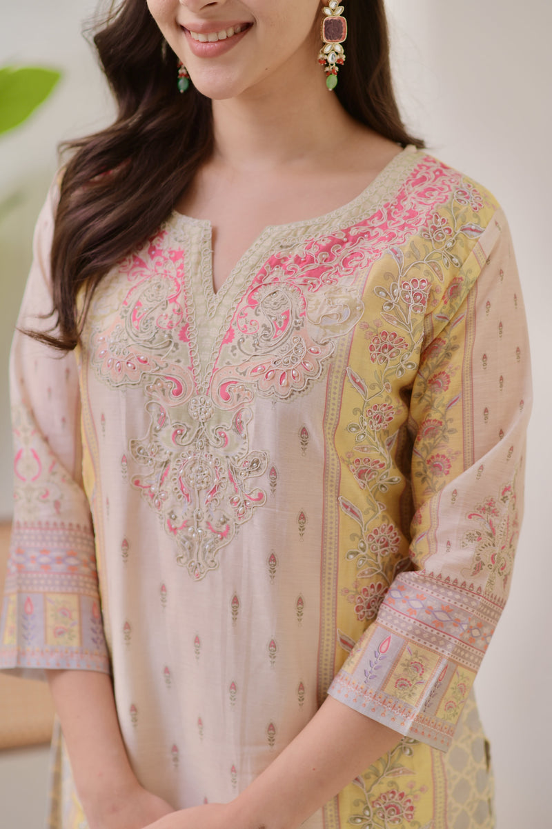 Ivory Yellow Handwork Linen Cotton Festive Suit