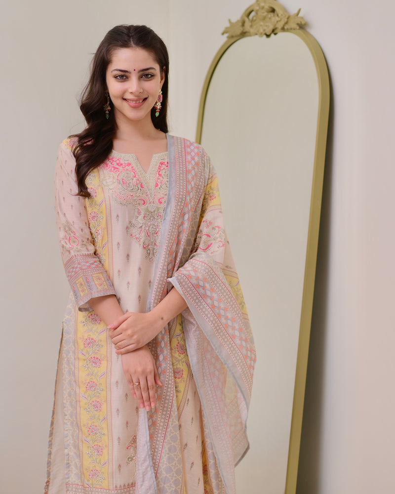 Ivory Yellow Handwork Linen Cotton Festive Suit