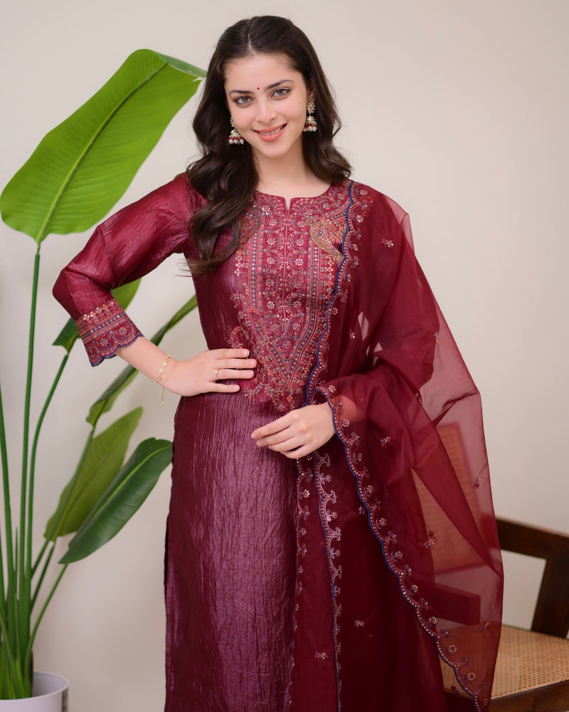 Magenta Handwork Paper Silk Festive Suit