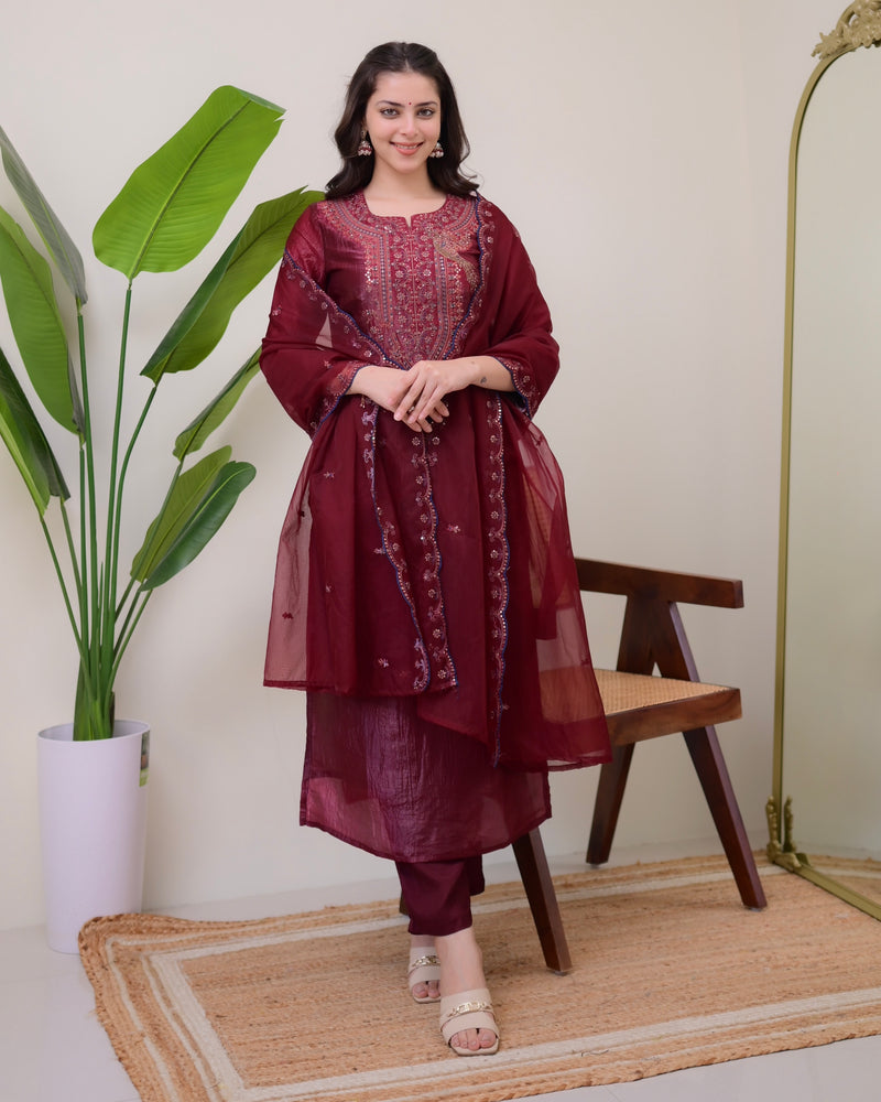 Magenta Handwork Paper Silk Festive Suit