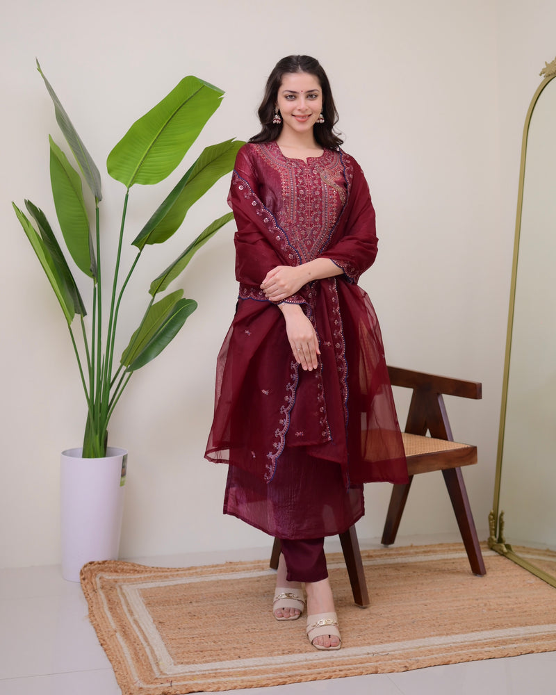 Magenta Handwork Paper Silk Festive Suit