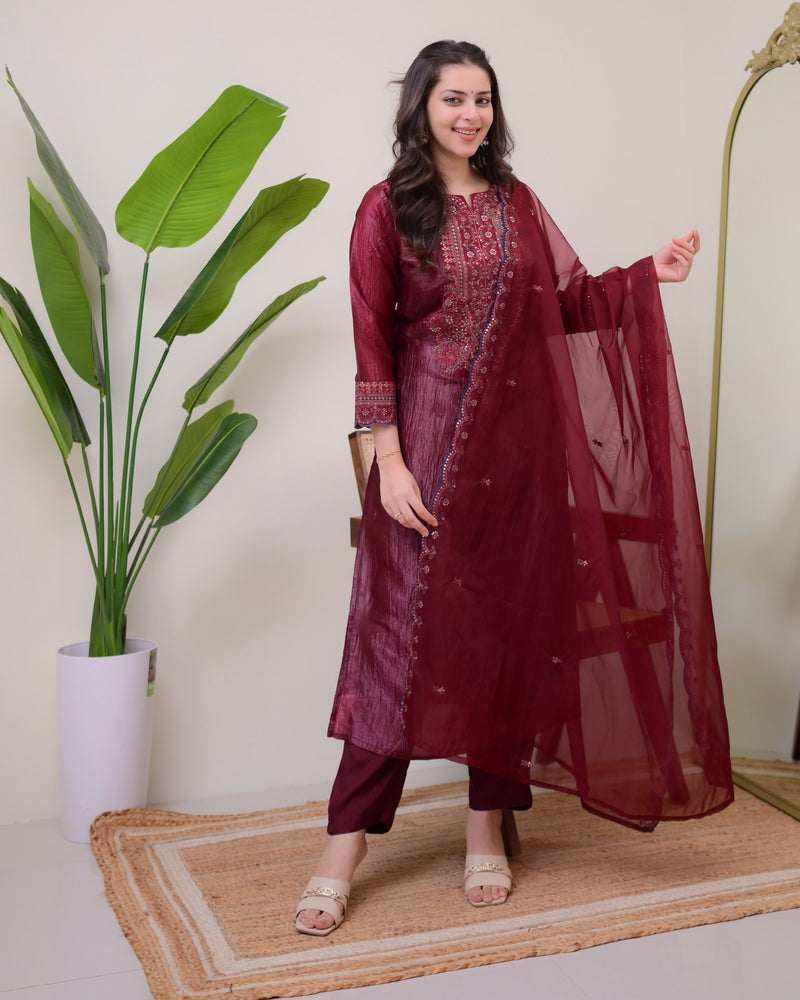 Magenta Handwork Paper Silk Festive Suit