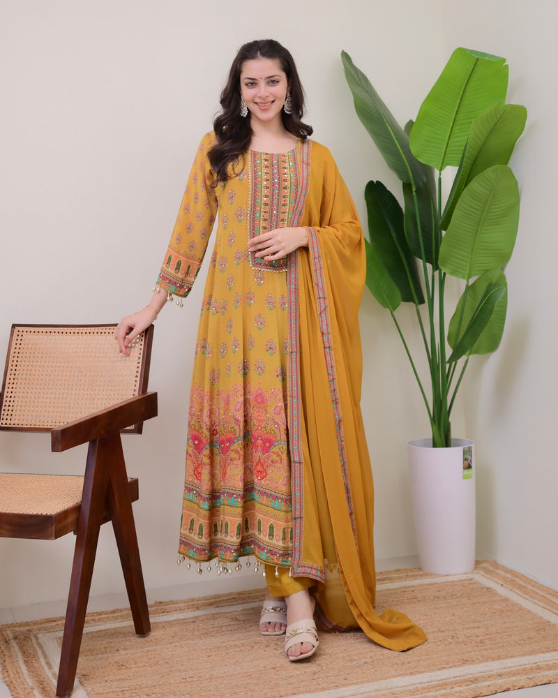 Yellow Crepe Handwork Anarkali Festive Suit