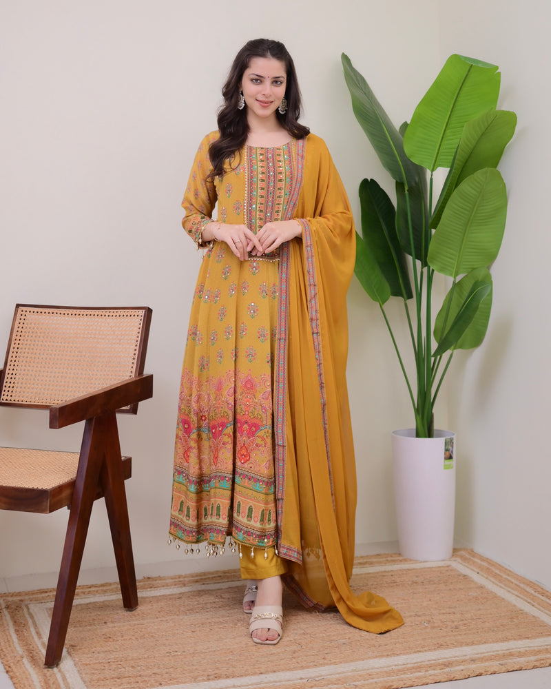 Yellow Crepe Handwork Anarkali Festive Suit