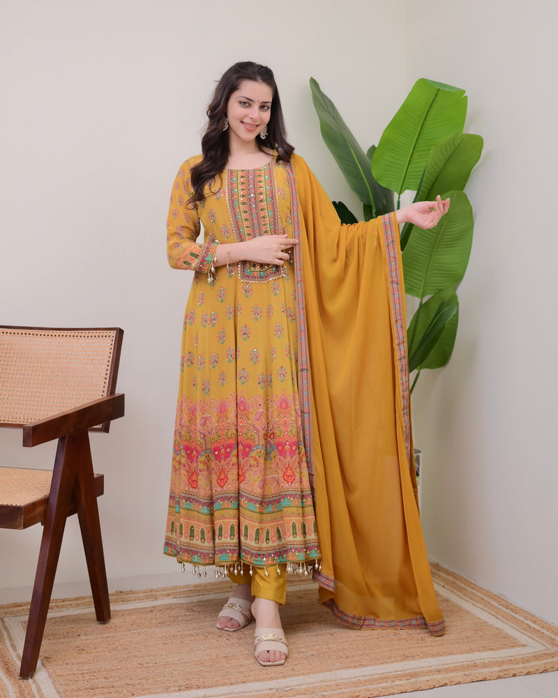 Yellow Crepe Handwork Anarkali Festive Suit