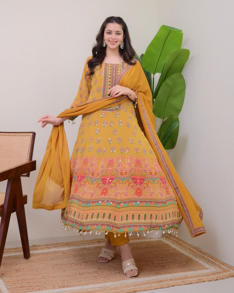 Yellow Crepe Handwork Anarkali Festive Suit