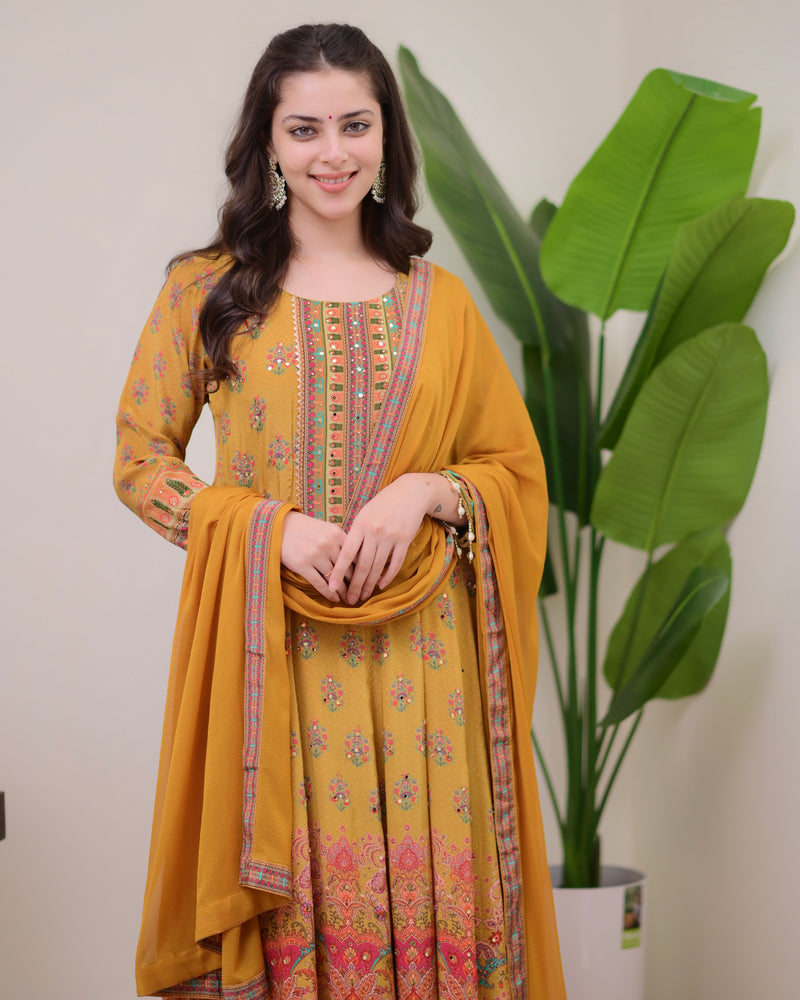 Yellow Crepe Handwork Anarkali Festive Suit