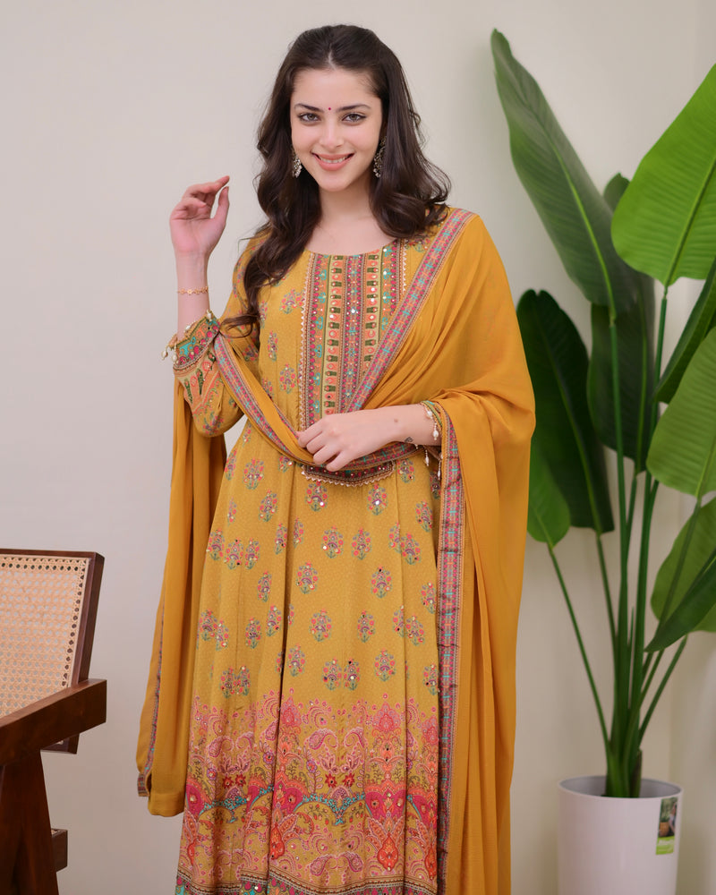 Yellow Crepe Handwork Anarkali Festive Suit