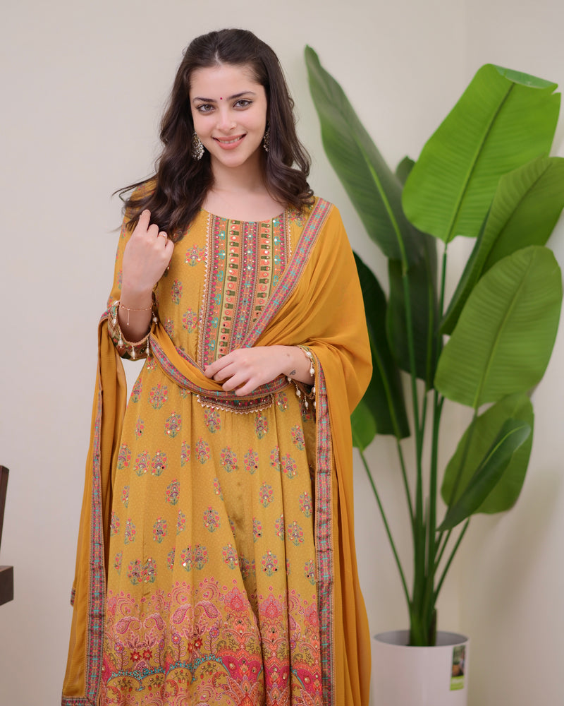 Yellow Crepe Handwork Anarkali Festive Suit