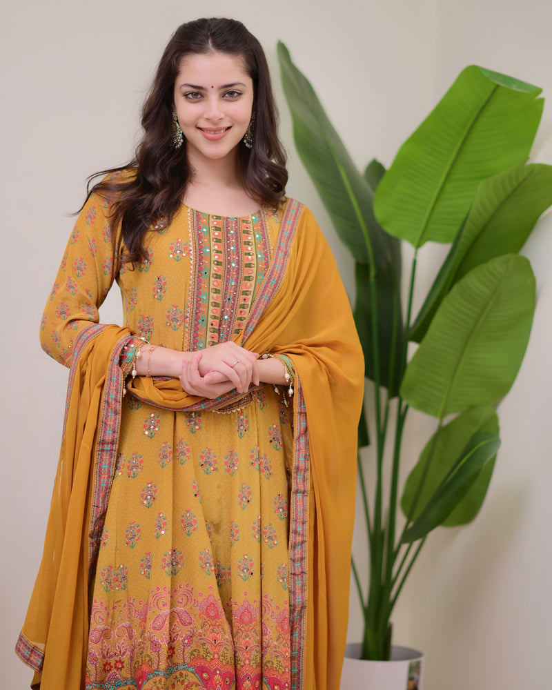 Yellow Crepe Handwork Anarkali Festive Suit