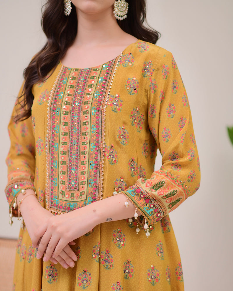 Yellow Crepe Handwork Anarkali Festive Suit