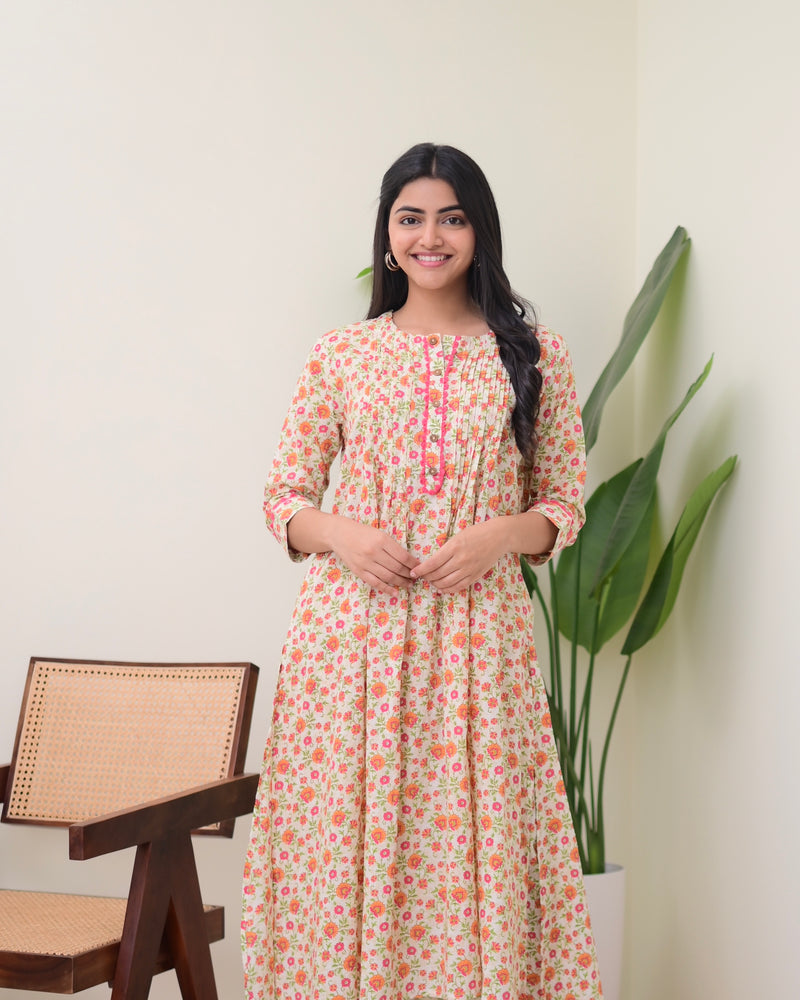 Peach Floral Pintex A Line Cotton Kurta Set