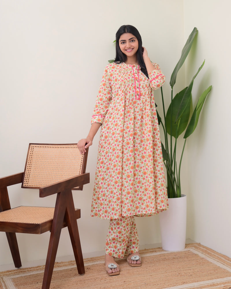 Peach Floral Pintex A Line Cotton Kurta Set