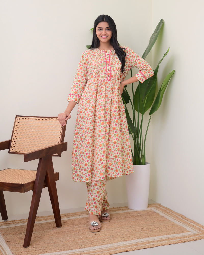 Peach Floral Pintex A Line Cotton Kurta Set