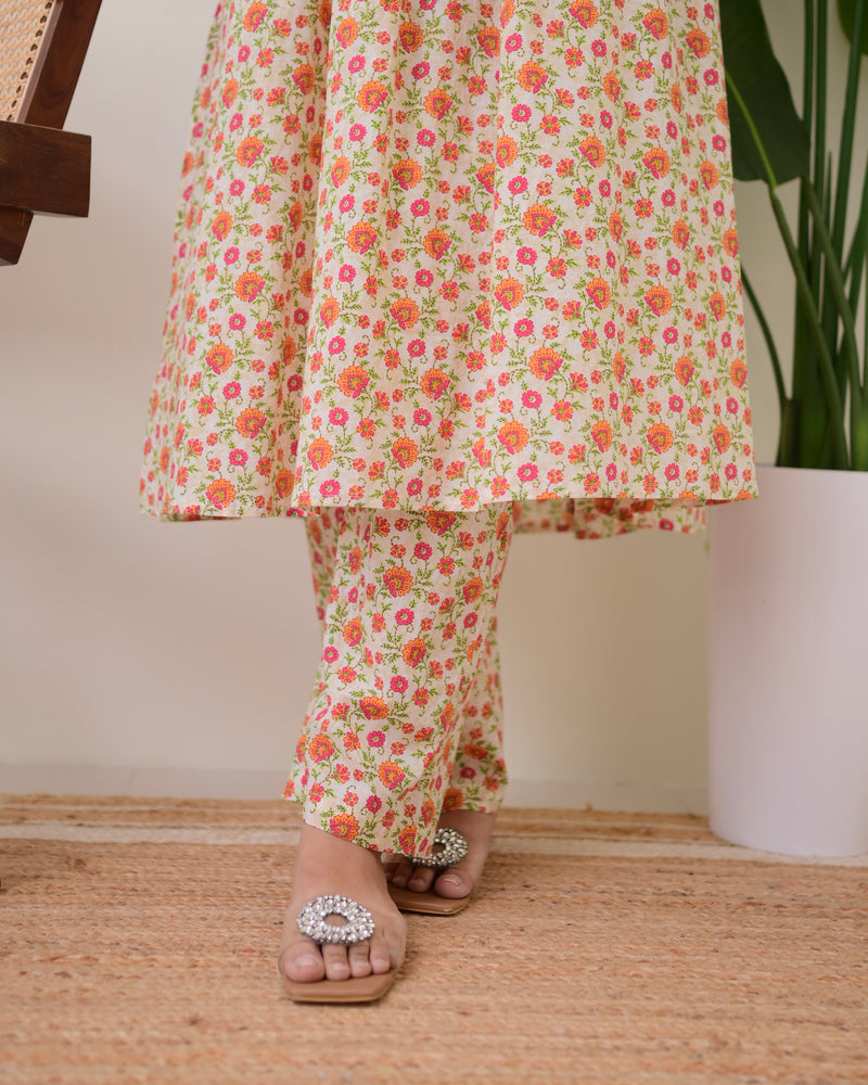 Peach Floral Pintex A Line Cotton Kurta Set