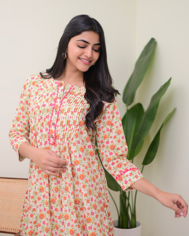 Peach Floral Pintex A Line Cotton Kurta Set