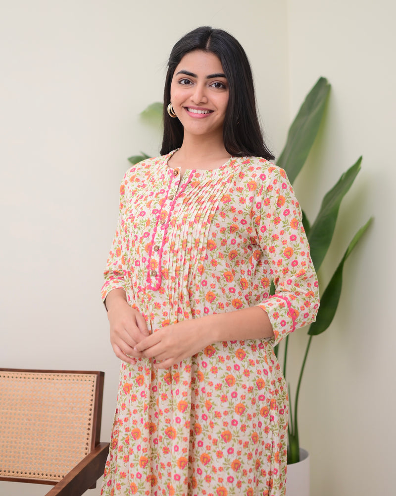 Peach Floral Pintex A Line Cotton Kurta Set