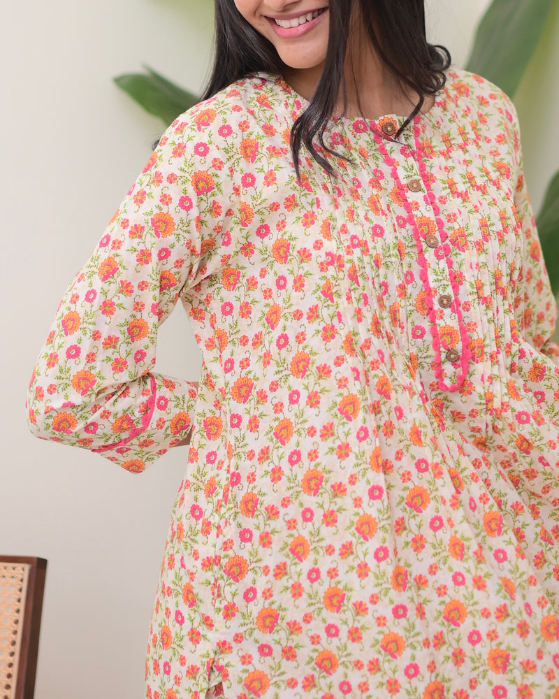 Peach Floral Pintex A Line Cotton Kurta Set