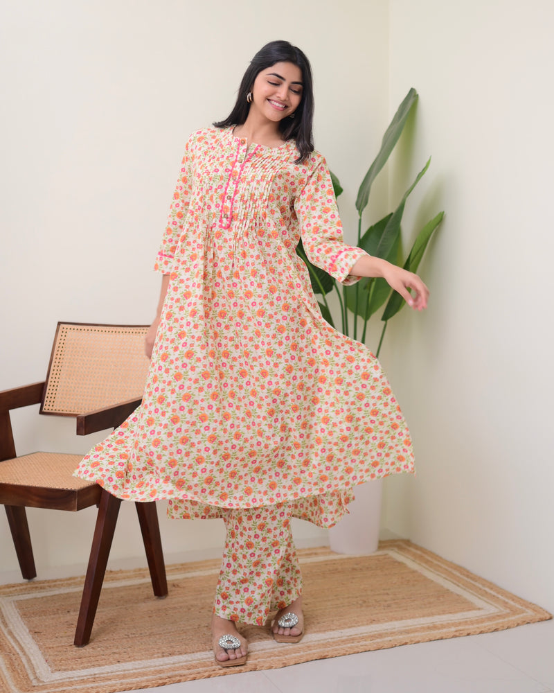 Peach Floral Pintex A Line Cotton Kurta Set