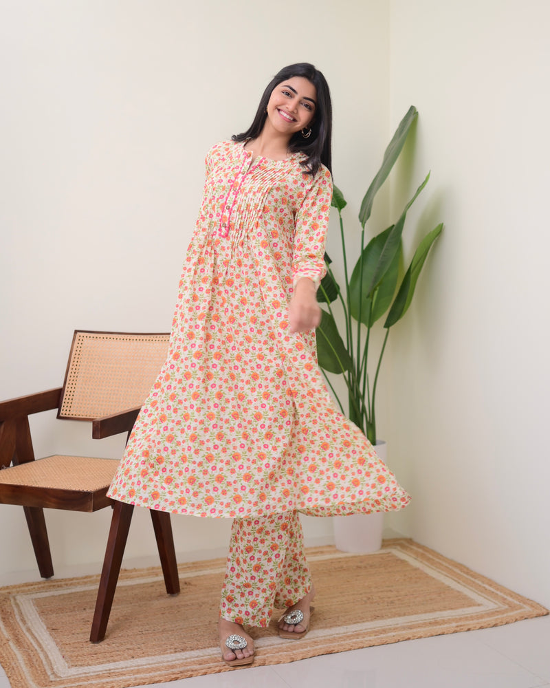 Peach Floral Pintex A Line Cotton Kurta Set