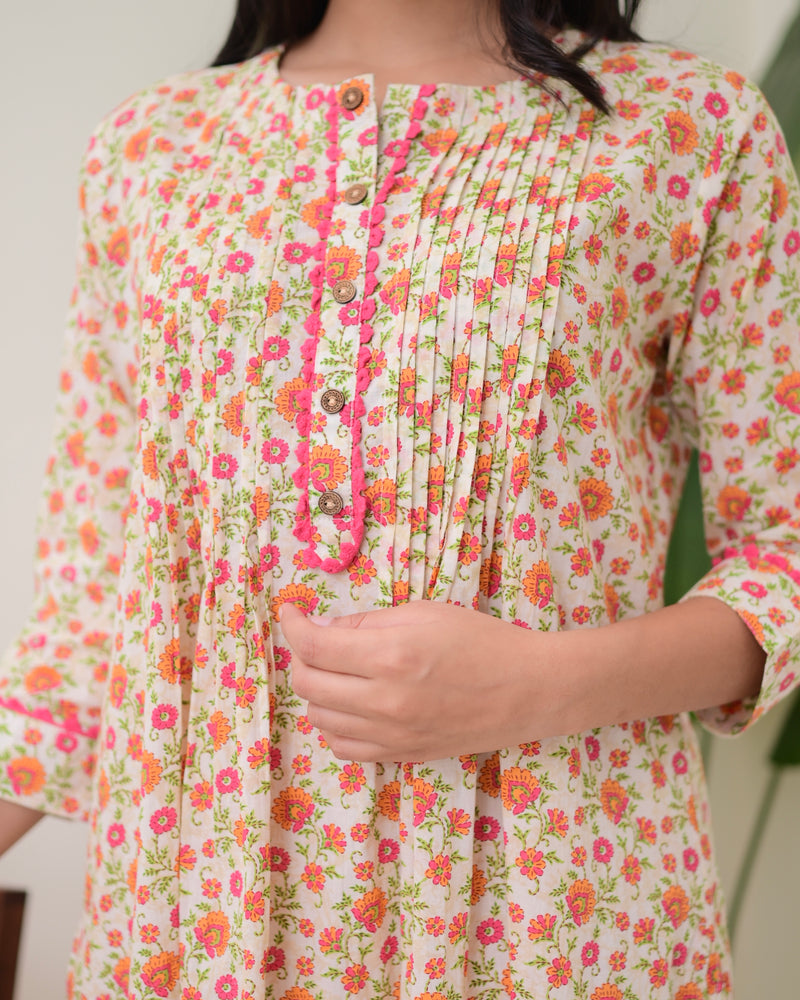 Peach Floral Pintex A Line Cotton Kurta Set