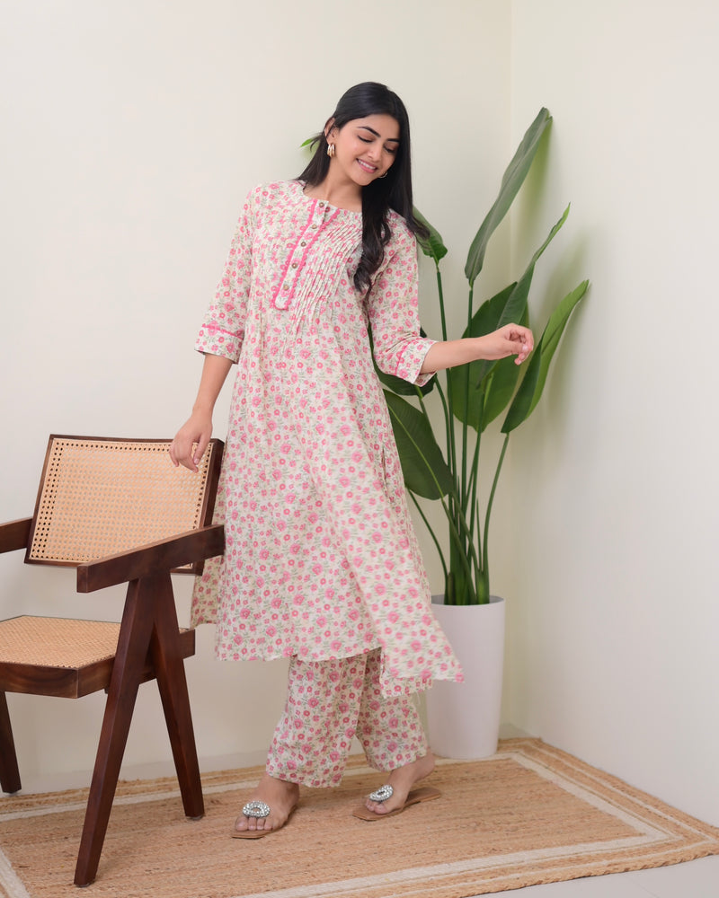 Baby Pink Floral Pintex A Line Cotton Kurta Set