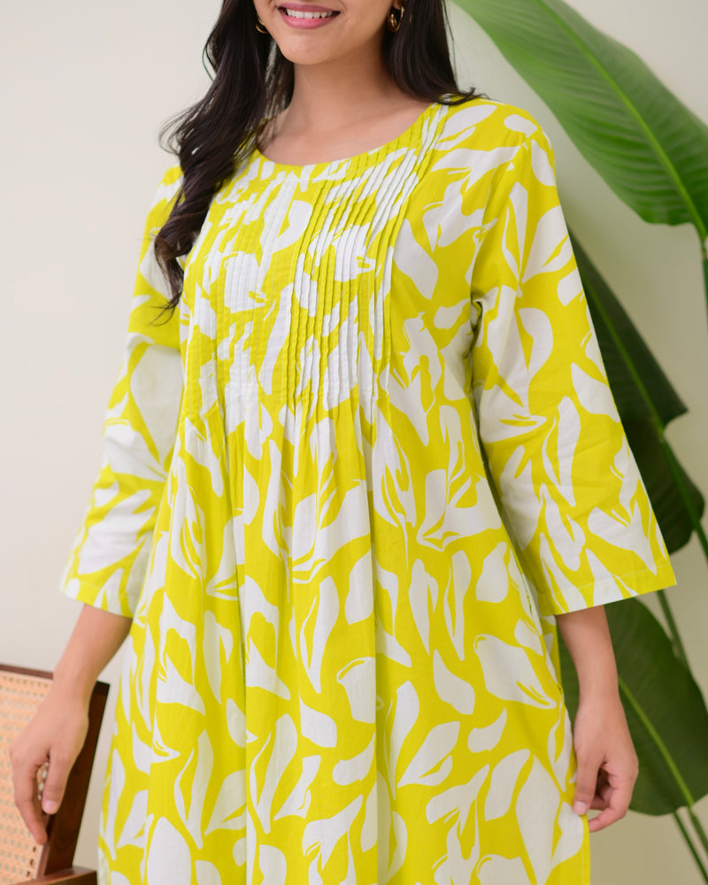 Greenish Yellow Pintex Floral Premium Cotton Co-ord