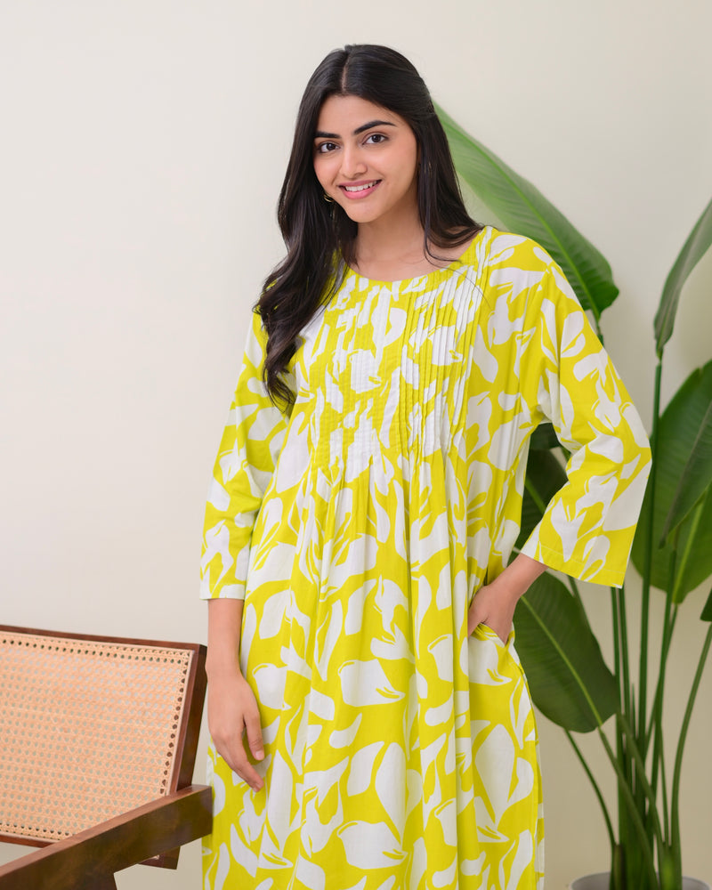 Greenish Yellow Pintex Floral Premium Cotton Co-ord