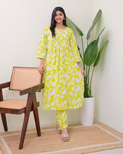 Greenish Yellow Pintex Floral Premium Cotton Co-ord