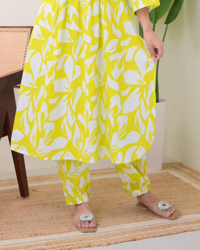 Greenish Yellow Pintex Floral Premium Cotton Co-ord