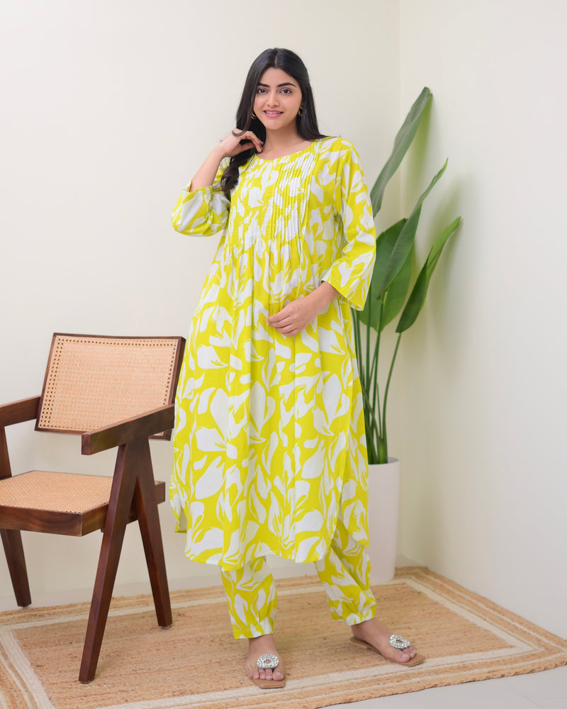 Greenish Yellow Pintex Floral Premium Cotton Co-ord