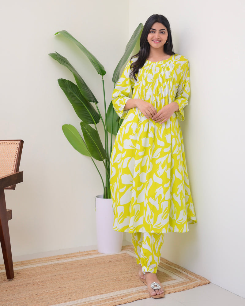 Greenish Yellow Pintex Floral Premium Cotton Co-ord