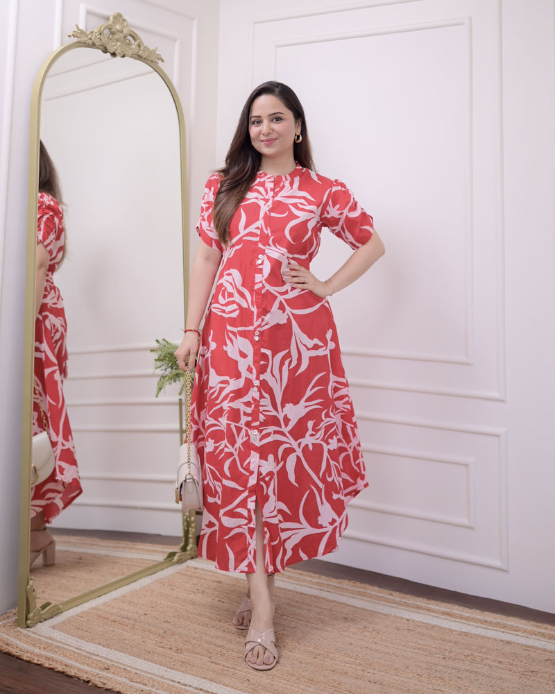 Red Leaf Cotton A Line Dress