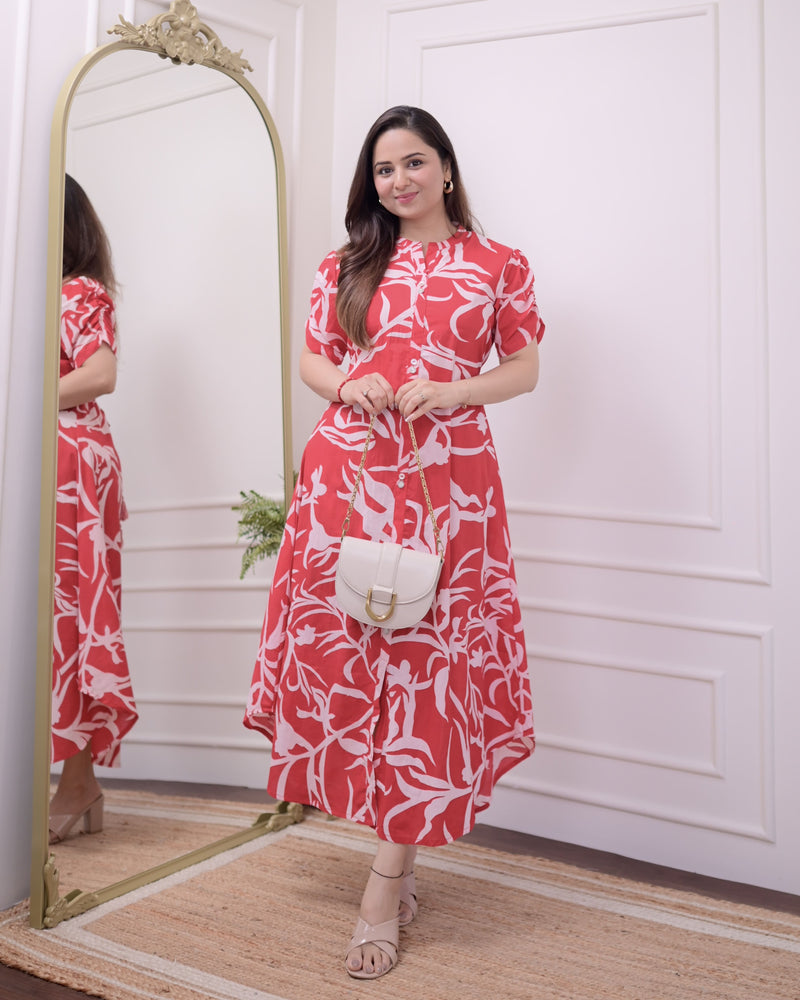 Red Leaf Cotton A Line Dress