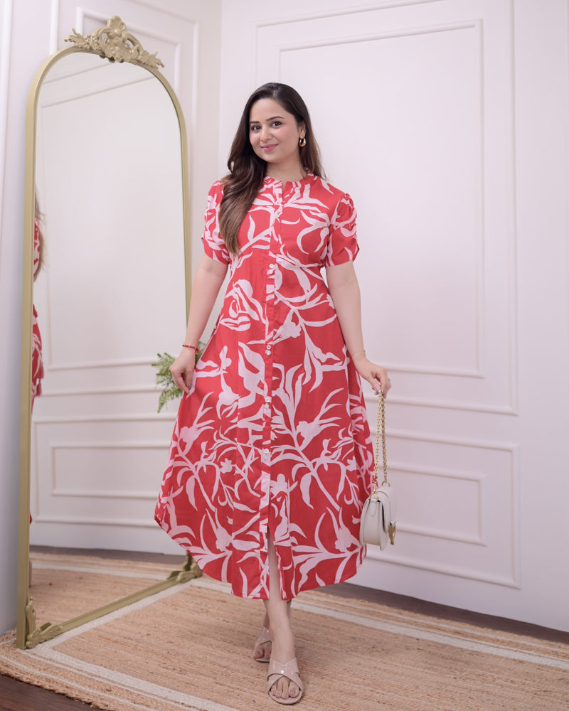 Red Leaf Cotton A Line Dress