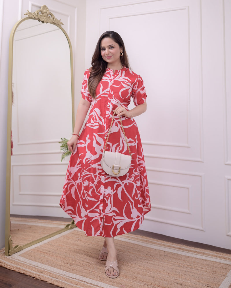 Red Leaf Cotton A Line Dress