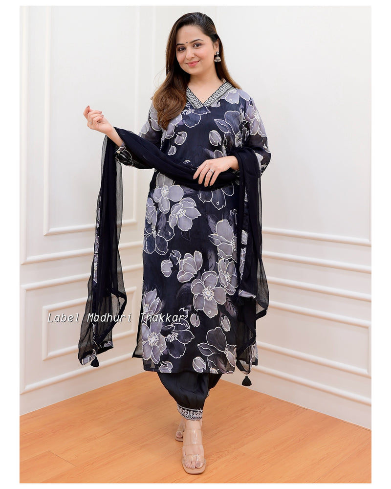 Black Floral Chinnon Afghani Suit