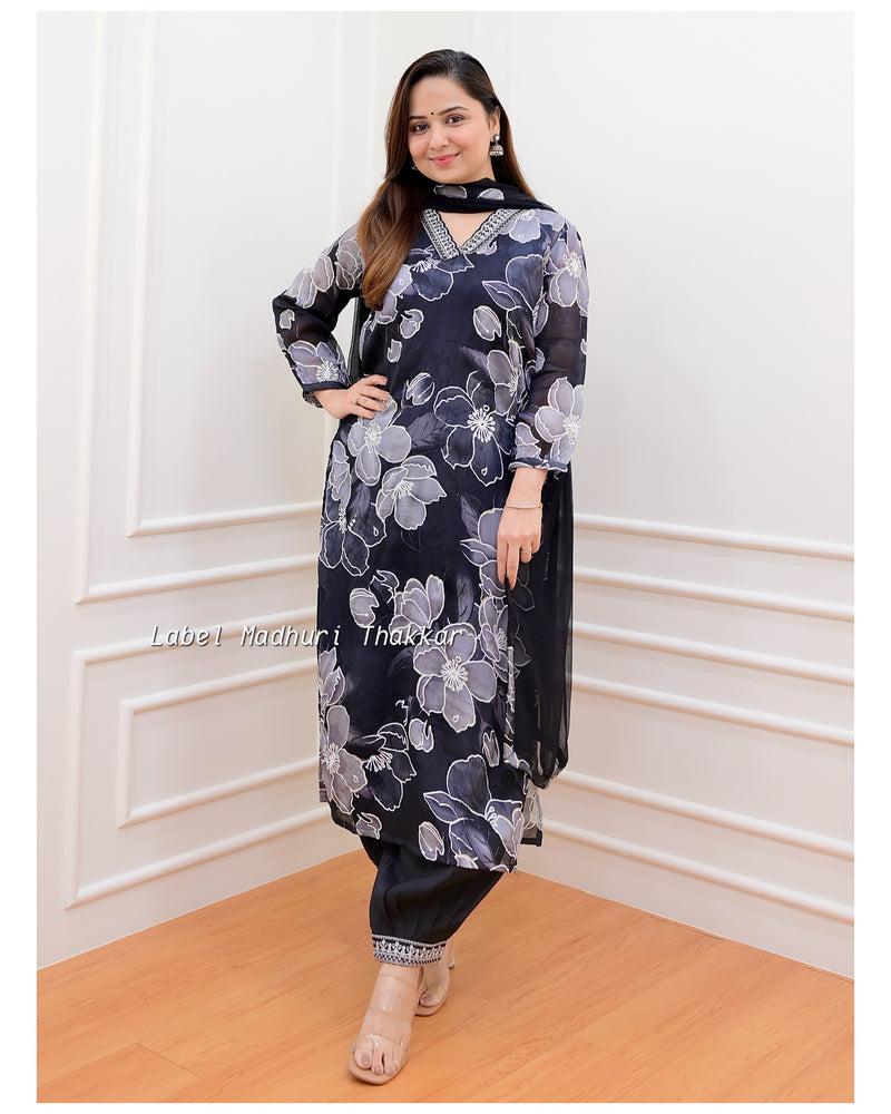 Black Floral Chinnon Afghani Suit