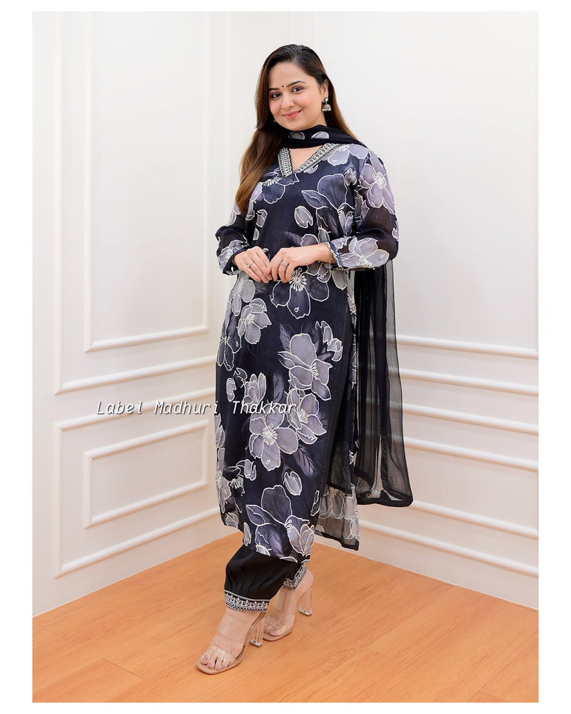 Black Floral Chinnon Afghani Suit