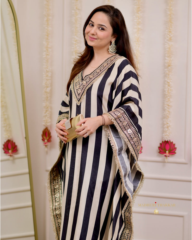 Black Ivory Striped Handwork Muslin Kaftan Set