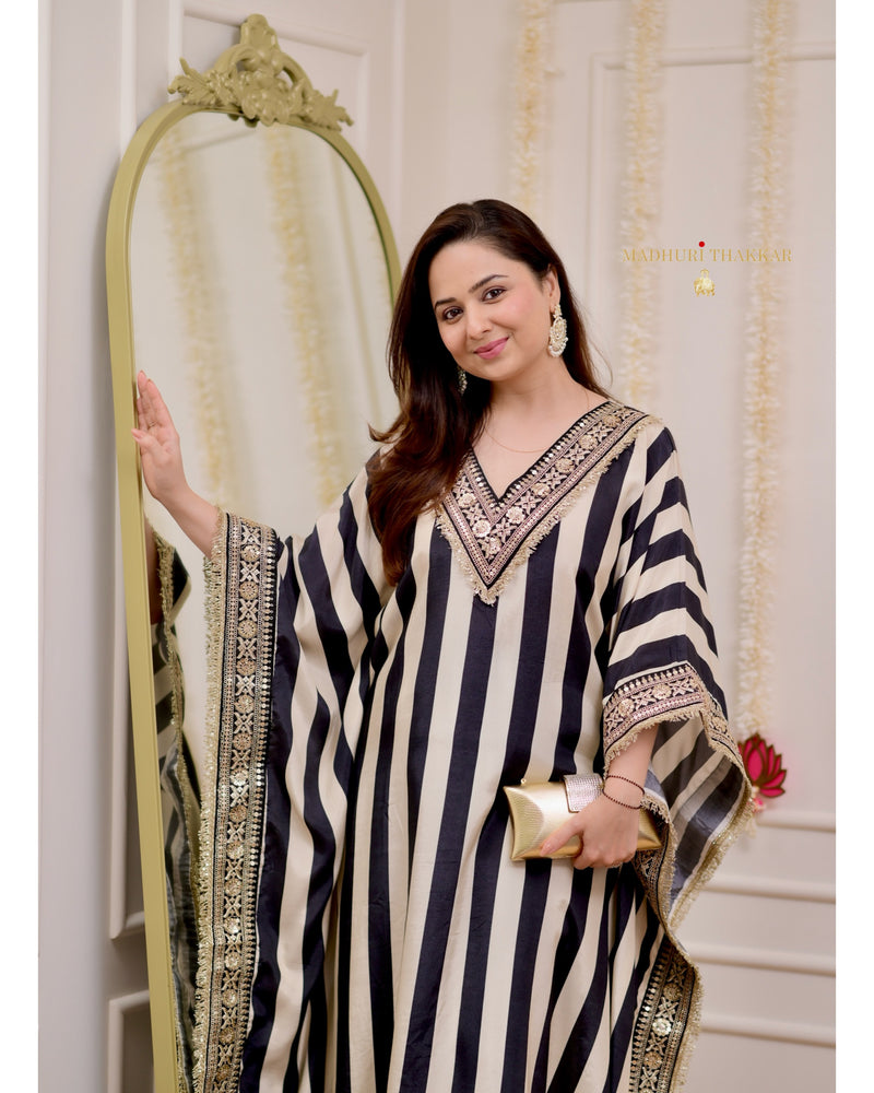 Black Ivory Striped Handwork Muslin Kaftan Set