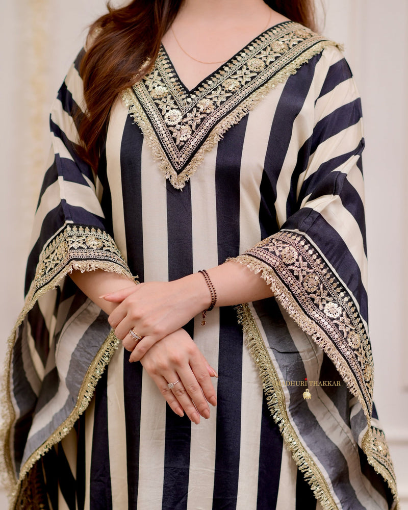 Black Ivory Striped Handwork Muslin Kaftan Set