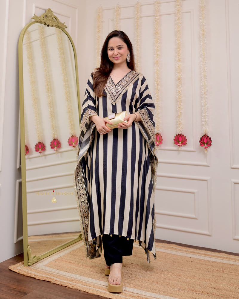 Black Ivory Striped Handwork Muslin Kaftan Set